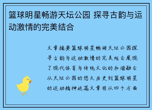 篮球明星畅游天坛公园 探寻古韵与运动激情的完美结合